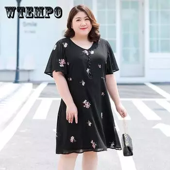 Большие размеры XL-XXXXXL Женское летнее платье из шифона с вуалью, коротким рукавом, V-образным вырезом, цветочным узором, легкое и дышащее XXXXXL чёрный