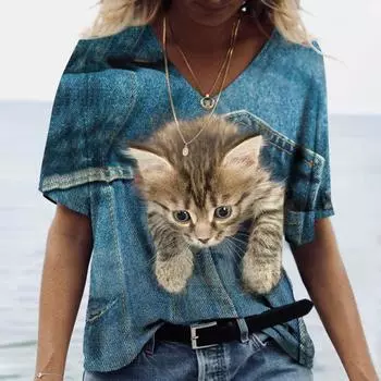 Большие размеры Женская футболка Kawaii Cat Print 3D Футболки Топы для девочек Y2k Одежда Летние футболки с коротким рукавом V-образным вырезом Повседневная праздничная женская футболка XL