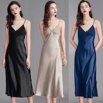 Большие размеры, женская летняя домашняя одежда, платье-комбинация из ледяного шелка, сексуальная кружевная пижама, однотонная длинная ночная рубашка M