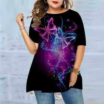 Большие размеры Женская летняя двухцветная футболка с принтом бабочек, удобная, с короткими рукавами и круглым вырезом, повседневная мешковатая футболка средней длины XS красный