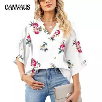 Большие размеры женская летняя новая элегантная свободная рубашка с V-образным вырезом и рукавами-лепестками из шифона с принтом S цветной печати леопарда