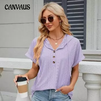 Большие размеры женская летняя новая однотонная свободная блузка с короткими рукавами на пуговицах с капюшоном S