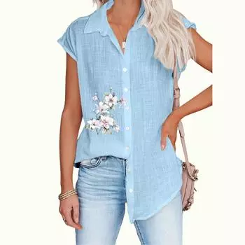 Большие размеры Женская мода без рукавов блузка повседневная тонкая принт топ женская рубашка на пуговицах S белый