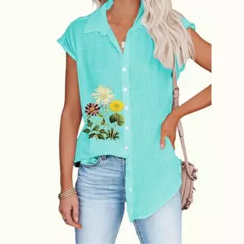 Большие размеры Женская мода без рукавов блузка повседневная тонкая принт топ женская рубашка на пуговицах S белый