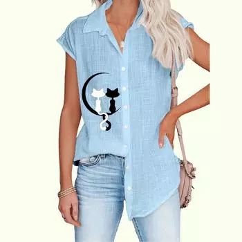 Большие размеры Женская мода без рукавов блузка повседневная тонкая принт топ женская рубашка на пуговицах S белый