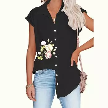 Большие размеры Женская мода без рукавов блузка повседневная тонкая принт топ женская рубашка на пуговицах S белый