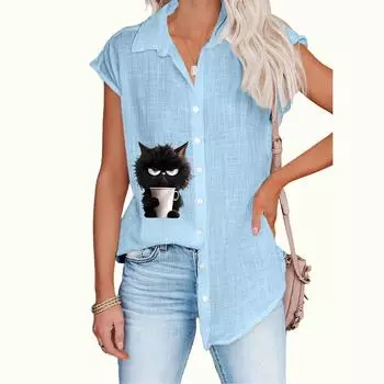 Большие размеры Женская мода без рукавов блузка повседневная тонкая принт топ женская рубашка на пуговицах S белый