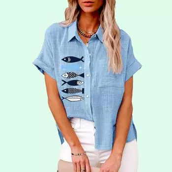 Большие размеры Женская мода блузки с принтом свободные застегивающиеся на пуговицы рубашки с коротким рукавом женская повседневная льняная футболка женская S белый
