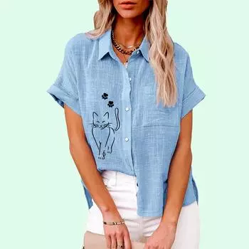 Большие размеры Женская мода блузки с принтом свободные застегивающиеся на пуговицы рубашки с коротким рукавом женская повседневная льняная футболка женская S белый