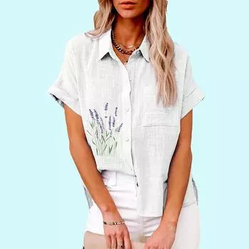 Большие размеры Женская мода цветочный принт блузка повседневная льняная футболка женская свободная рубашка с коротким рукавом на пуговицах S белый