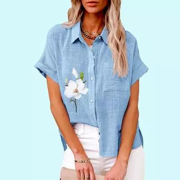 Большие размеры Женская мода цветочный принт блузка повседневная льняная футболка женская свободная рубашка с коротким рукавом на пуговицах S белый