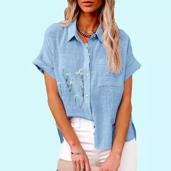 Большие размеры Женская мода цветочный принт блузка повседневная льняная футболка женская свободная застегивающаяся на пуговицы рубашка с коротким рукавом S белый
