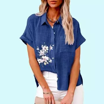 Большие размеры Женская мода цветочный принт блузка повседневная льняная футболка женская свободная застегивающаяся на пуговицы рубашка с коротким рукавом S белый