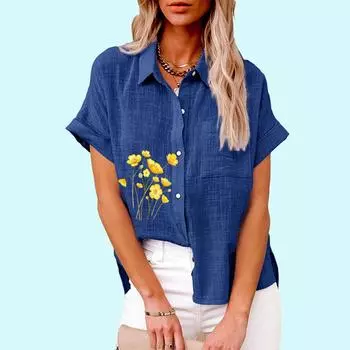 Большие размеры Женская мода цветочный принт блузка повседневная льняная футболка женская свободная рубашка с коротким рукавом на пуговицах S белый