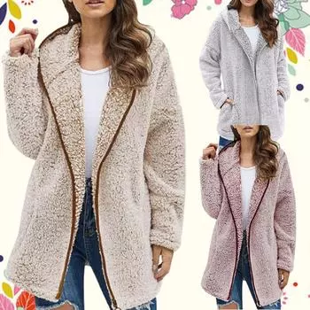 Большие размеры Женская мода осень зима толстый плюш длинный рукав карман теплые куртки топ S зелёный