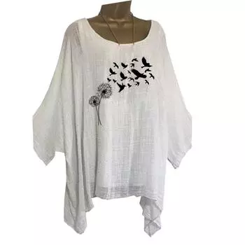 Большие размеры Женская мода свободная рубашка повседневный топ с длинным рукавом женская цветочная печать круглый вырез длинная рубашка S белый