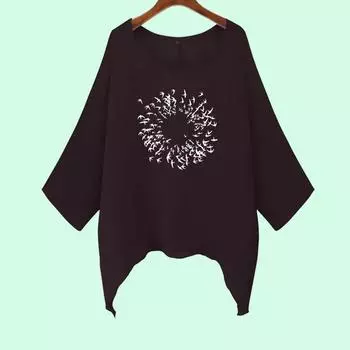 Большие размеры Женская мода свободная рубашка повседневный топ с длинным рукавом женская принт круглый вырез неровный подол длинная рубашка S белый