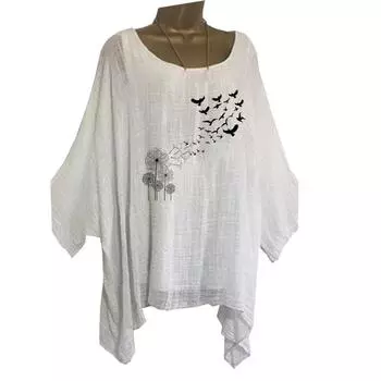 Большие размеры Женская мода свободная рубашка повседневный топ с длинным рукавом женская цветочная печать круглый вырез длинная рубашка S белый