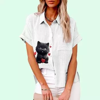Большие размеры Женская модная блузка с принтом кота Лето и осень Свободная рубашка с короткими рукавами на пуговицах Женская повседневная льняная футболка S белый