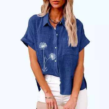 Большие размеры Женская модная блузка с цветочным принтом на пуговицах Льняной топ Женская повседневная свободная футболка с коротким рукавом S белый