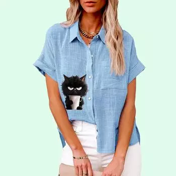 Большие размеры Женская модная блузка с принтом Свободная рубашка с коротким рукавом на пуговицах Женская повседневная льняная футболка Женская S белый