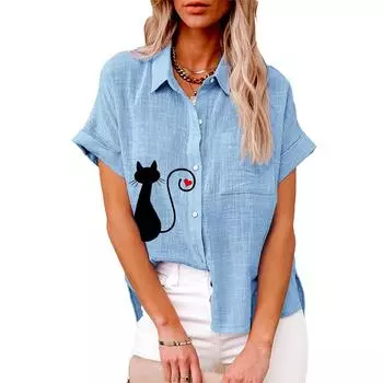 Большие размеры Женская модная блузка с принтом кота Лето и осень Свободная рубашка с коротким рукавом на пуговицах Женская повседневная льняная футболка S белый