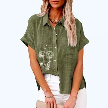 Большие размеры Женская модная блузка с цветочным принтом на пуговицах Льняной топ Женская повседневная свободная футболка с коротким рукавом S белый