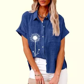 Большие размеры Женская модная блузка с цветочным принтом на пуговицах Льняной топ Женская повседневная свободная футболка с коротким рукавом S белый
