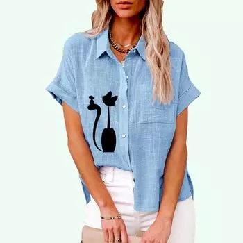 Большие размеры Женская модная льняная рубашка Лето и осень Повседневная блузка с принтом кота Женская свободная футболка с короткими рукавами на пуговицах S белый