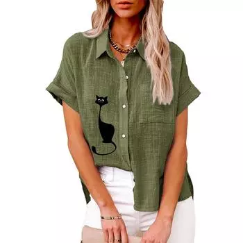 Большие размеры Женская модная льняная рубашка Лето и осень Повседневная блузка с принтом кота Женская свободная футболка с короткими рукавами на пуговицах S белый
