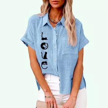 Большие размеры Женская модная льняная рубашка Лето и осень Повседневная блузка с принтом кота Женская свободная футболка с короткими рукавами на пуговицах S белый