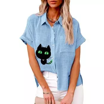 Большие размеры Женская модная льняная рубашка Лето и осень Повседневная блузка с принтом кота Женская свободная футболка с короткими рукавами на пуговицах S белый