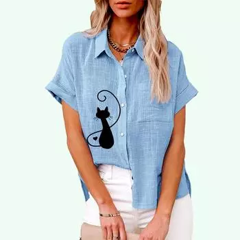 Большие размеры Женская модная льняная рубашка Лето и осень Повседневная блузка с принтом кота Женская свободная футболка с короткими рукавами на пуговицах S белый