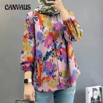 Большие размеры Женская новая цветочная модная рубашка с пышными рукавами S чёрный