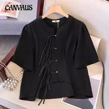 Большие размеры женская новая китайская пряжка дисковая темперамент простая тонкая блузка с короткими рукавами 2XL чёрный