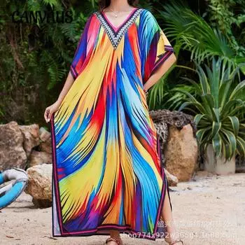 Большие размеры женская новая пляжная блузка с принтом свободный праздничный бикини солнцезащитный купальник блузка One Size