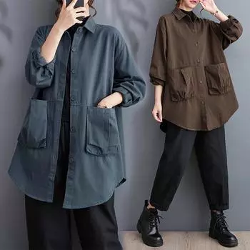 Большие размеры Женская новая весенняя блузка Базовые рубашки Однотонное повседневное пальто на пуговицах Большие модные длинные рукава Винтажные свободные топы One Size чёрный