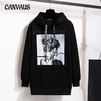 Большие размеры Женская новая зимняя толстовка с капюшоном из флиса с принтом и карманом на шнурке XL чёрный