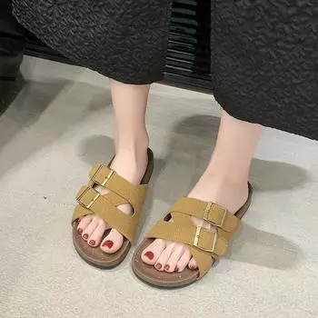 Большие размеры Женская обувь с открытым носком Женские тапочки Повседневные тапочки для улицы Женские сандалии с круглым носком и пряжкой 35 абрикосовый