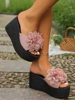 Большие размеры Женская обувь с открытым носком Женские тапочки Повседневные тапочки на платформе Женские цветочные с круглым носком Босоножки на очень высокой танкетке 36