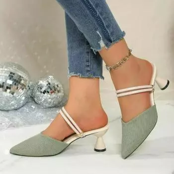 Большие размеры Женская обувь Закрытый носок Женские тапочки Элегантные модельные тапочки Женские остроносые туфли на высоком каблуке Современные сандалии 35 зелёный