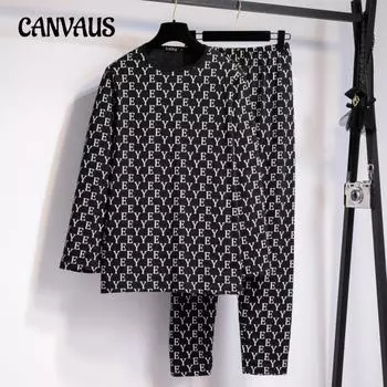 Большие размеры Женская осенняя новая толстая пижама с длинными рукавами Пижамные штаны Комплект из двух предметов XL чёрный