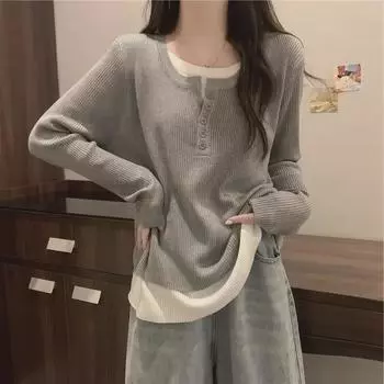 Большие размеры Женская осенняя свободная приталенная рубашка «два в одном» с длинным рукавом 3XL