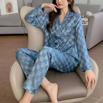 Большие размеры Женская пижама Комплект с длинными рукавами Домашняя одежда Из Двух Частей Кардиган Однотонная клетчатая одежда для сна Осенняя и Зимняя одежда для сна Одежда для отдыха M