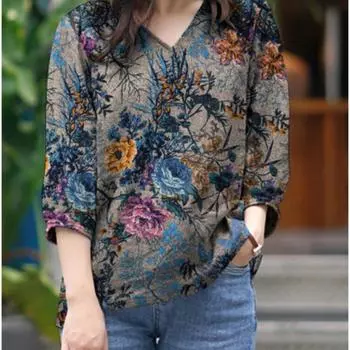Большие размеры Женская повседневная блузка с V-образным вырезом и рукавом 3/4 в стиле ретро из хлопка с принтом для женщин S серый
