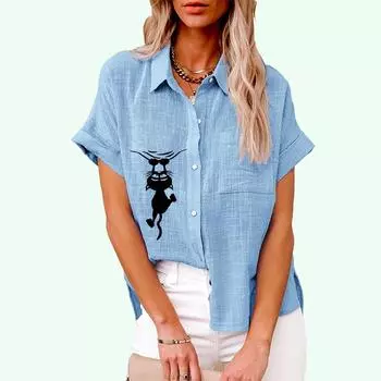 Большие размеры Женская повседневная льняная рубашка с коротким рукавом Летняя и осенняя модная блузка с принтом кота Женская свободная футболка на пуговицах S белый