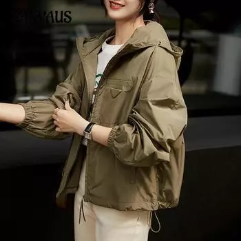 Большие размеры Женская повседневная легкая куртка-карго All In One с капюшоном, новый дизайн на осень Sense of Niche S трава зеленый