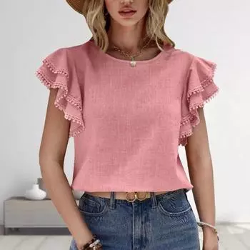 Большие размеры Женская повседневная летняя рубашка свободного покроя с круглым вырезом и короткими рукавами Lotus S розовый