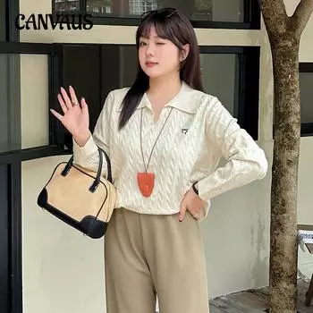 Большие размеры Женская рубашка поло Вышитые топы Осень и зима Повседневный свободный трикотажный женский свитер XL чёрный