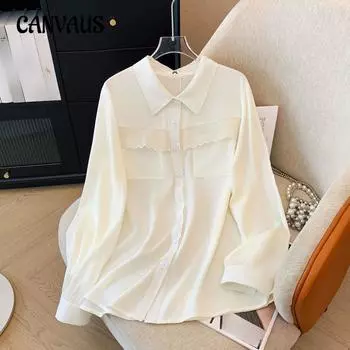 Большие размеры Женская рубашка с длинным рукавом Весна Осень Воротник ПОЛО Нарядные топы 2XL абрикосовый